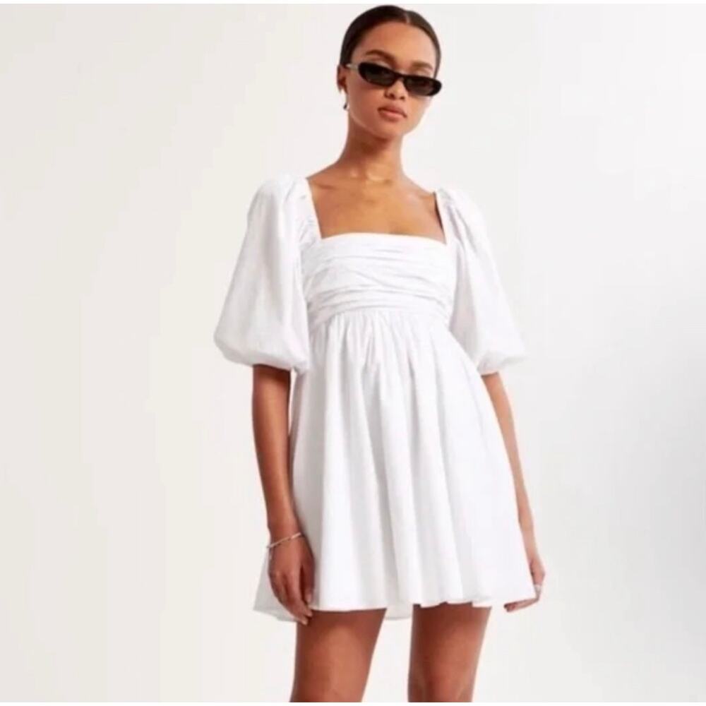 Abercrombie & Fitch Emerson Poplin Puff Sleeve Mini Dress White Size Small Tall